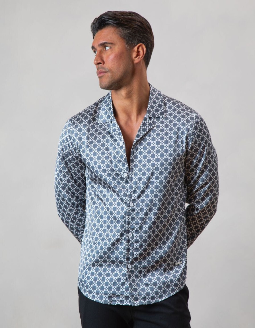 Men BELIER Shirts | Block Printed Long Sleeve Shirt Grey/White