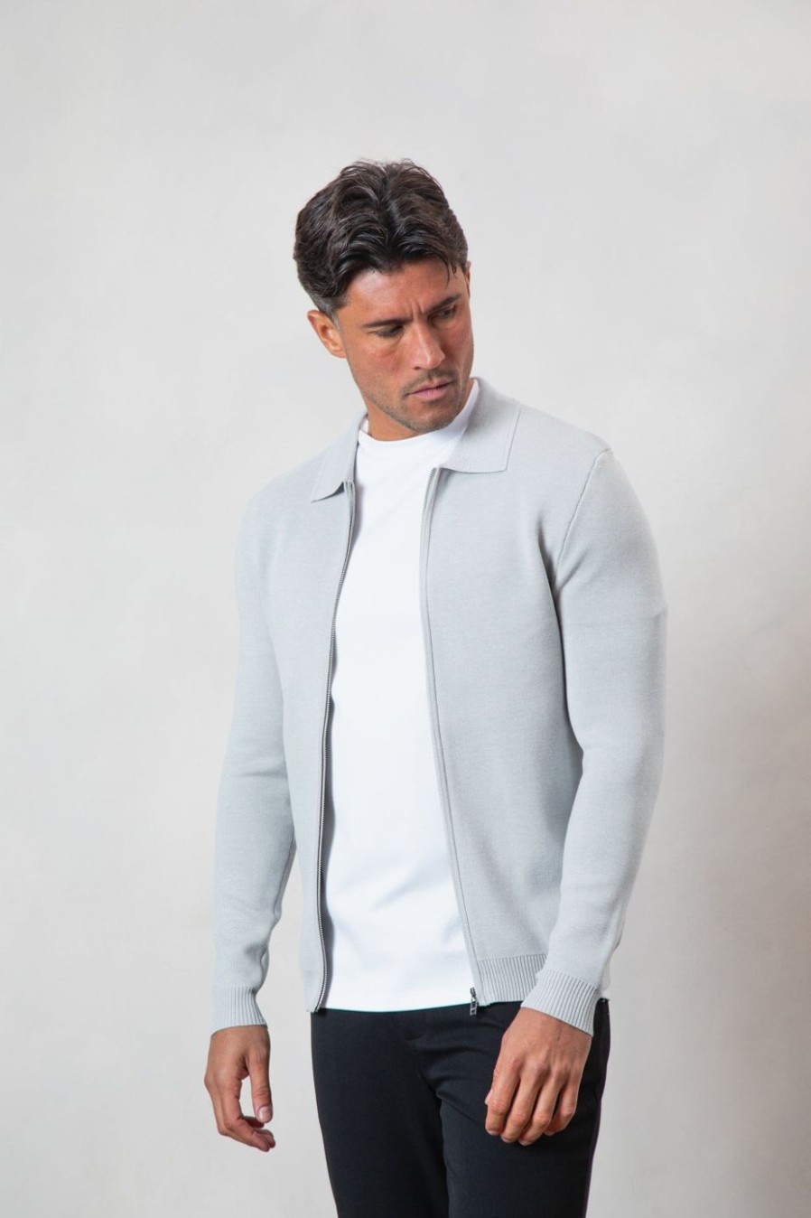 Men BELIER Knitwear | Knit Zip Through Cardigan Grey