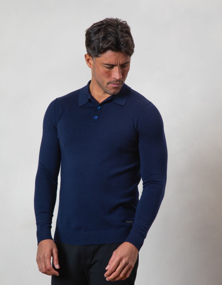 Men BELIER Knitwear | Ls Button Down Knit Polo Navy