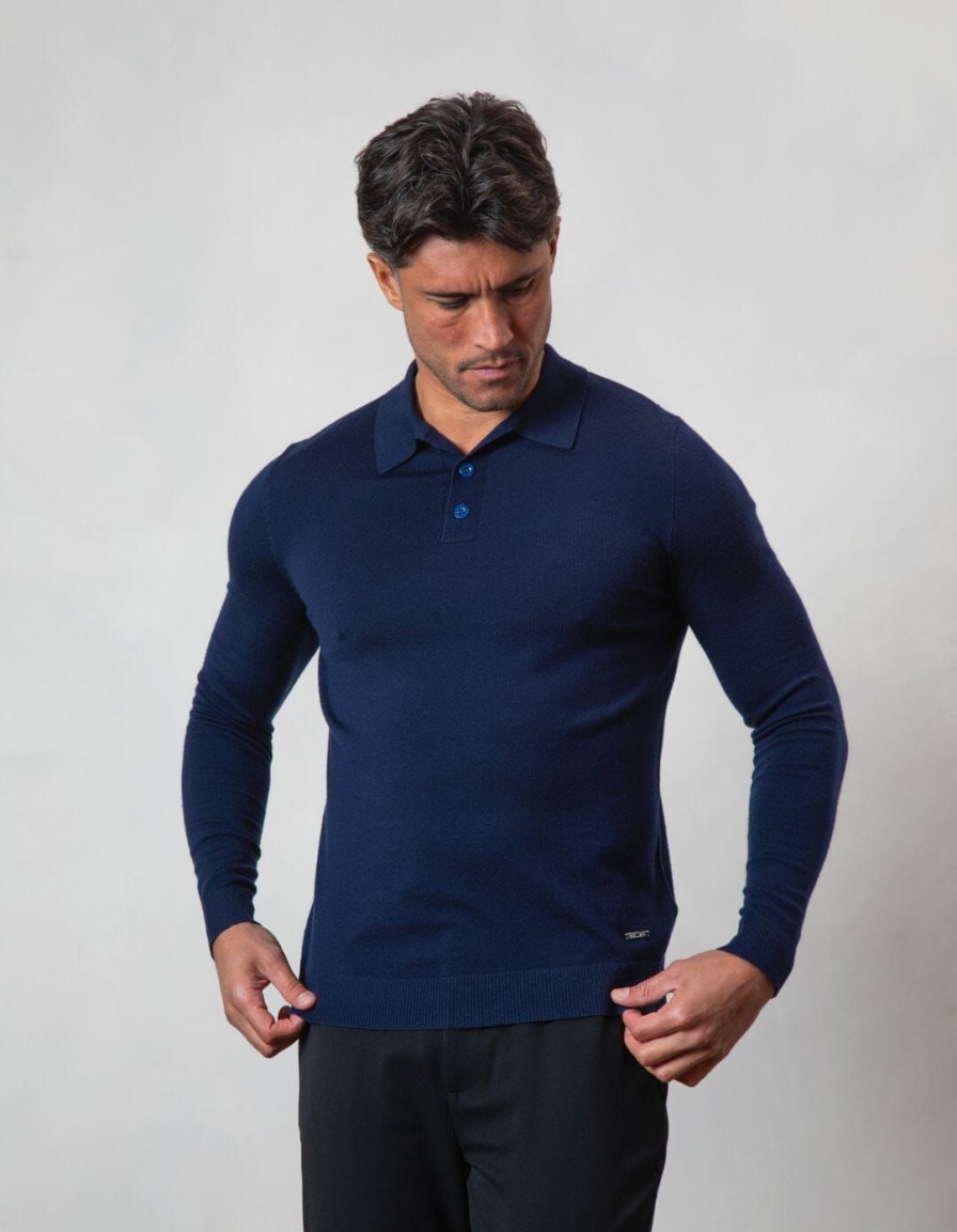 Men BELIER Knitwear | Ls Button Down Knit Polo Navy