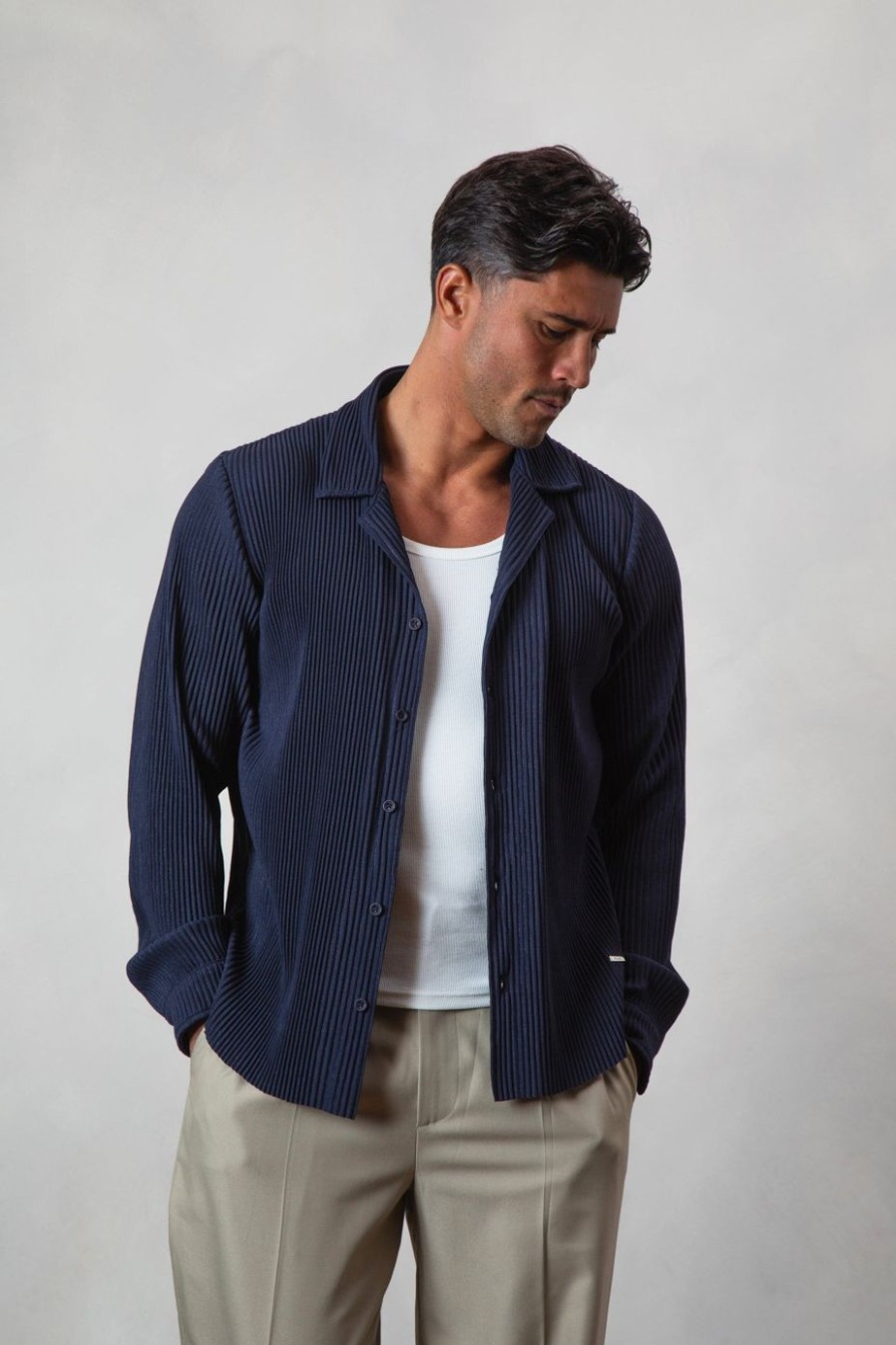 Men BELIER Shirts | Pleated L/S Shirt Navy