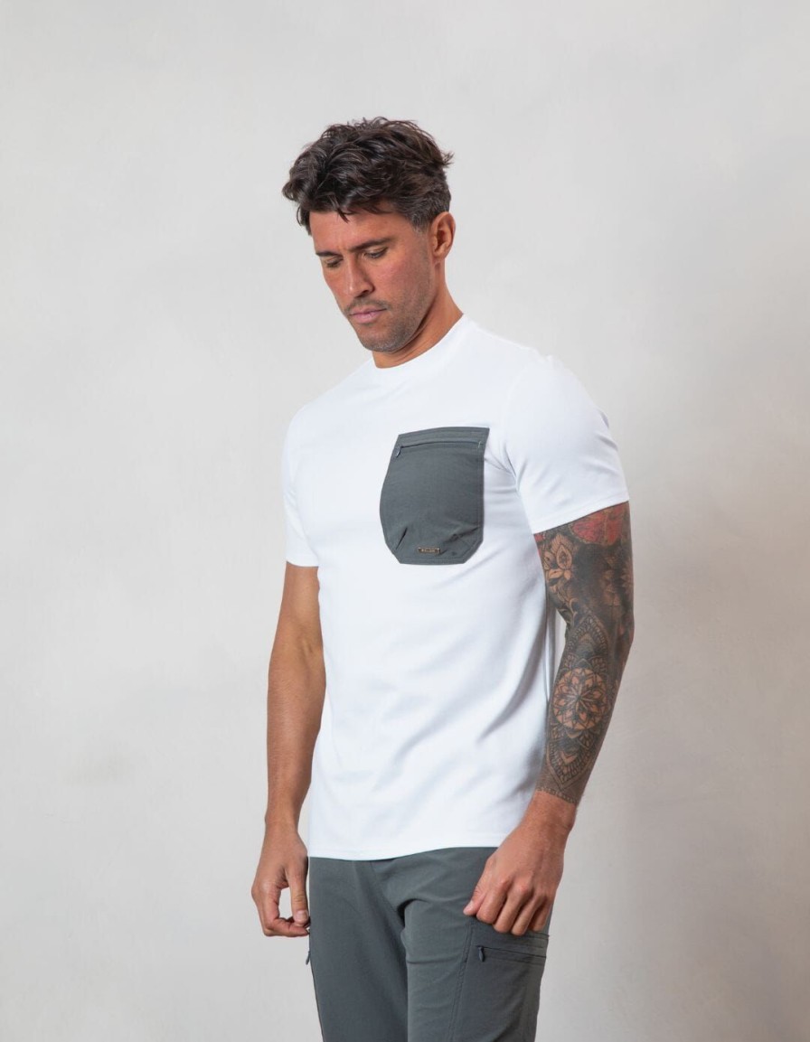 Men BELIER Twinsets | Tech Pocket T-Shirt White/Slate Grey