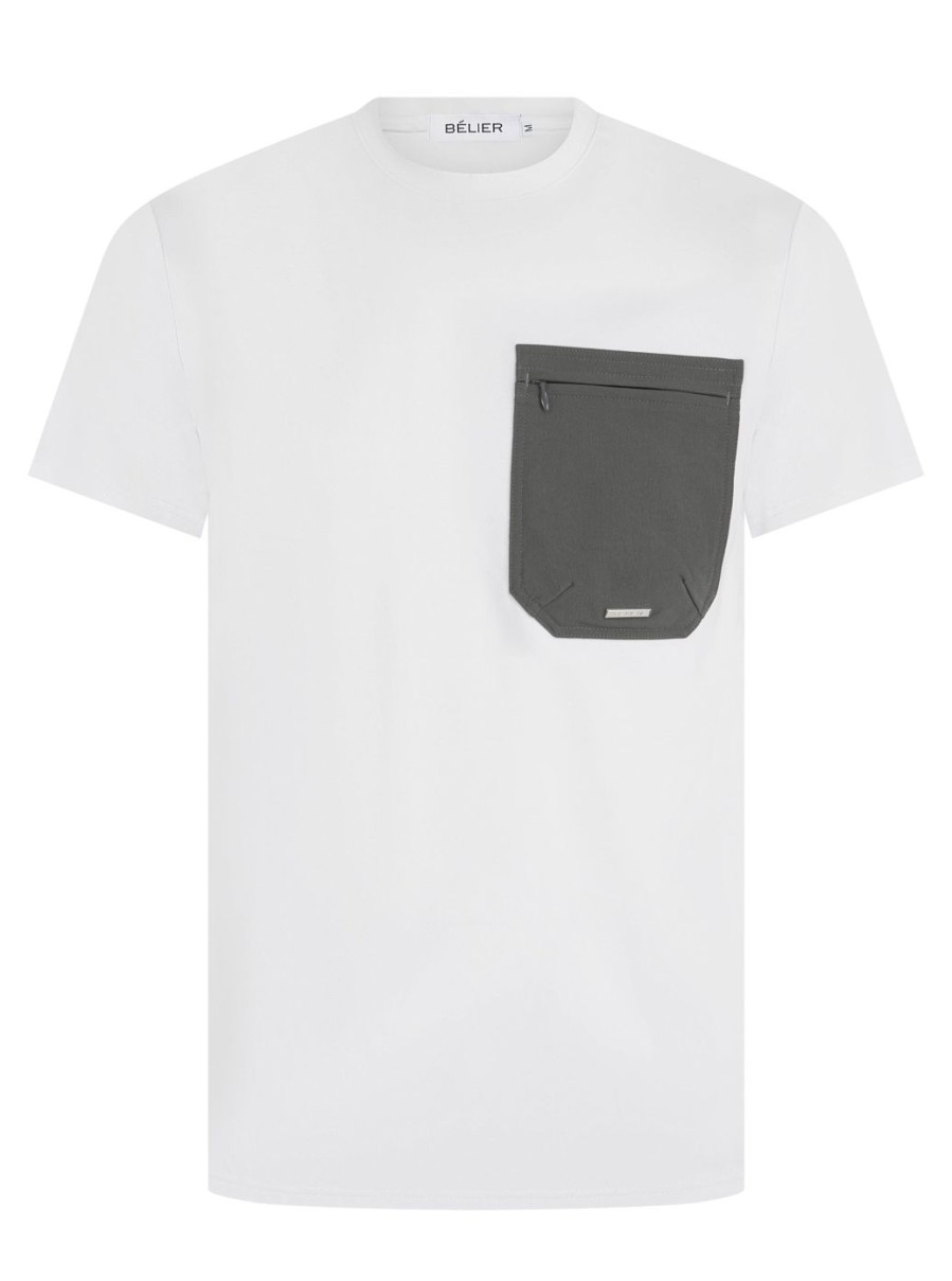 Men BELIER Twinsets | Tech Pocket T-Shirt White/Slate Grey