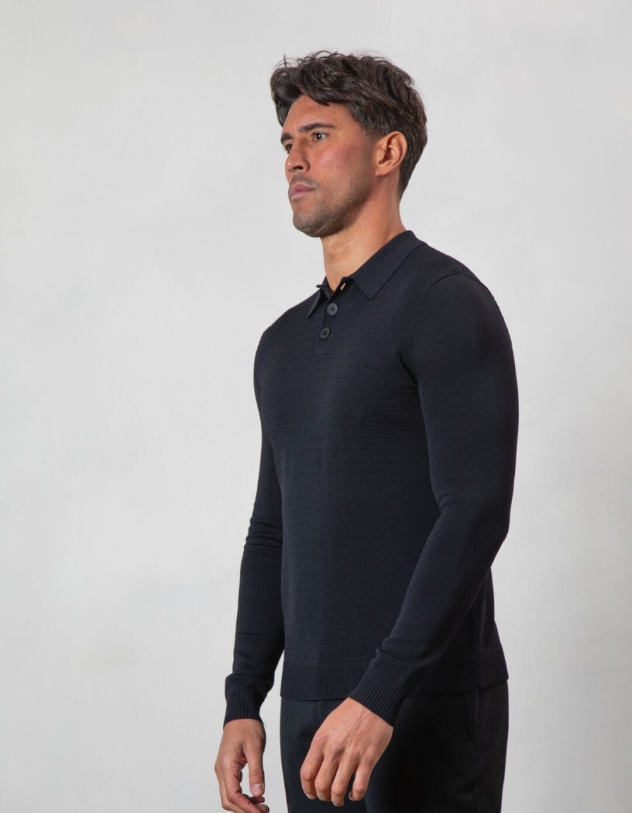 Men BELIER Knitwear | Half Bodice Knit Polo Black