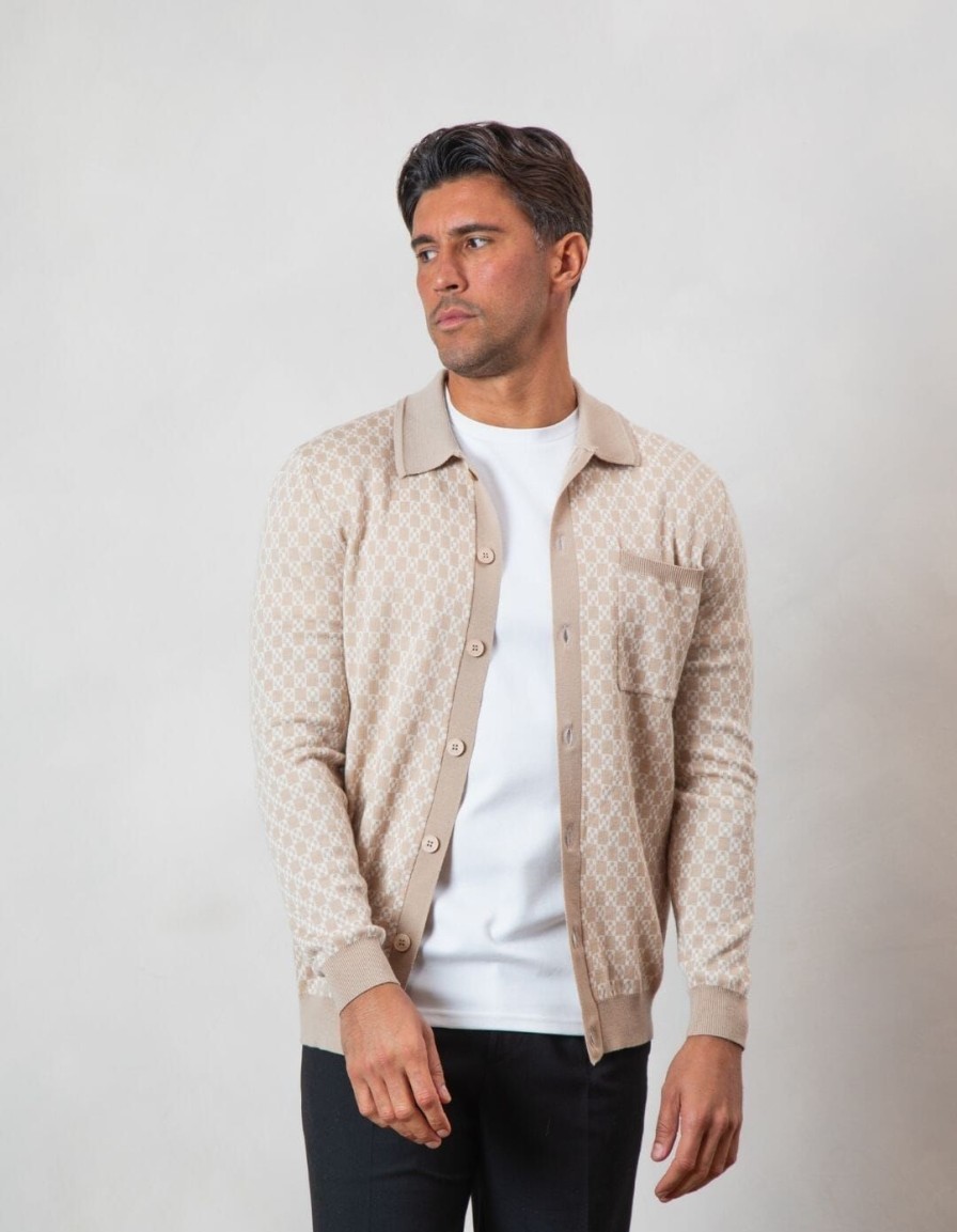 Men BELIER Knitwear | Block Print Cardigan Beige