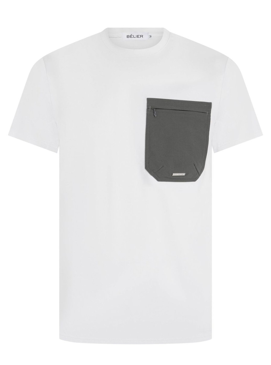 Men BELIER T-Shirts | Tech Pocket T-Shirt White/Slate Grey