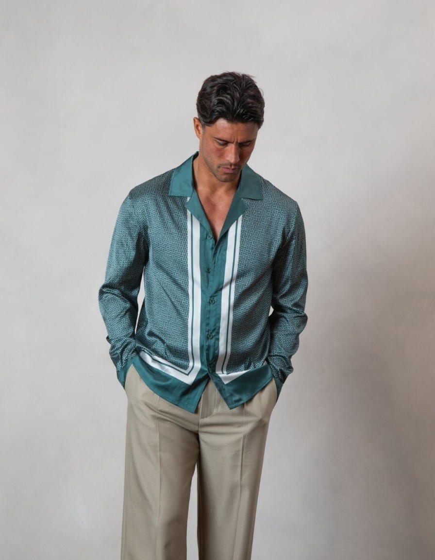 Men BELIER Shirts | Green/White Panelled Chain Print L/S Shirt Green/Ecru