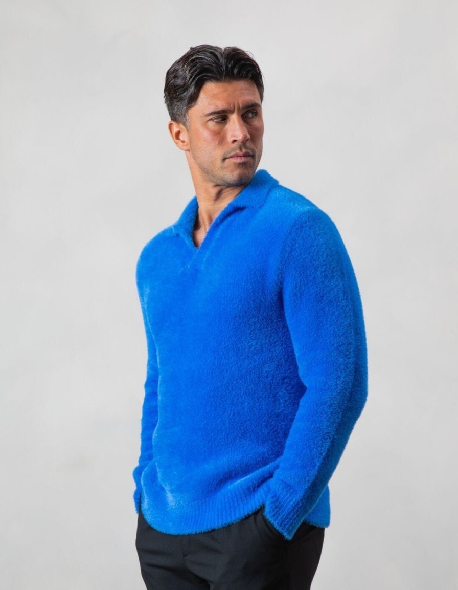 Men BELIER Knitwear | Mohair Open Collar Blue