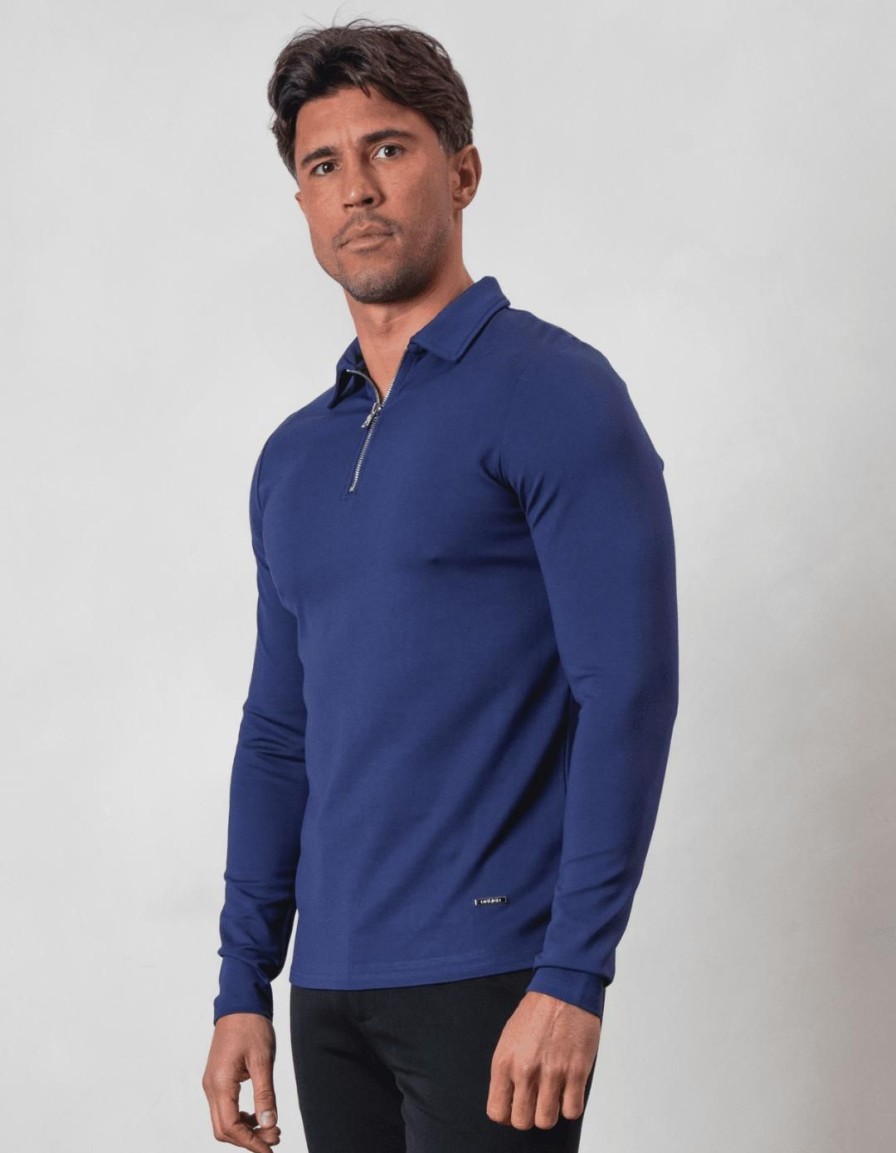 Men BELIER Polo Shirts | Premium L/S Zip Polo Navy