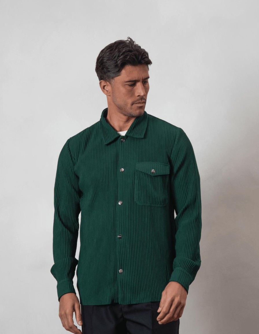 Men BELIER Shirts | Dark Pleated Jacket Green