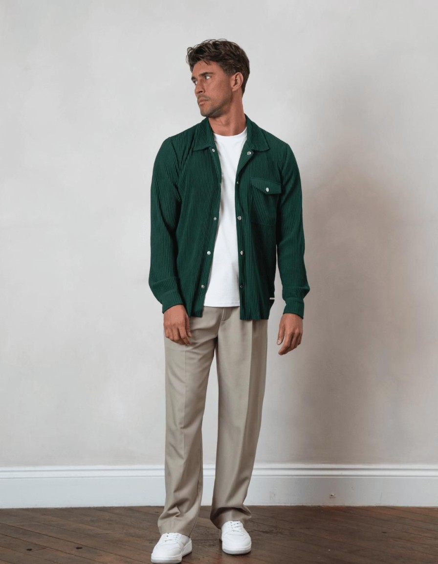 Men BELIER Shirts | Dark Pleated Jacket Green