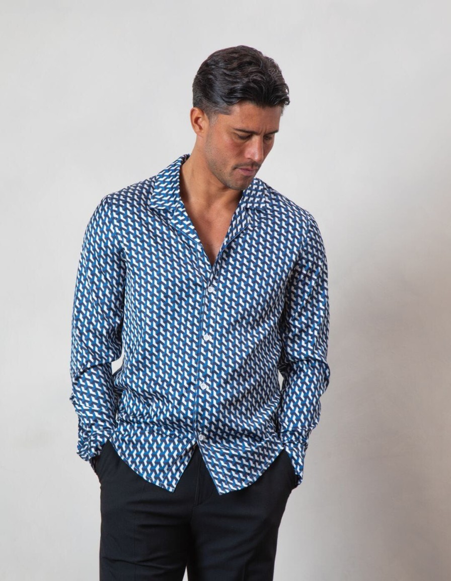 Men BELIER Shirts | L/S Illusion Print Shirt Blue