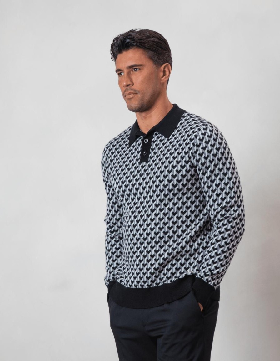 Men BELIER Knitwear | L/S Illusion Knit Print Polo Monochrome