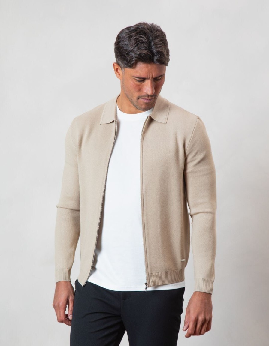 Men BELIER Knitwear | Knit Zip Through Cardigan Beige