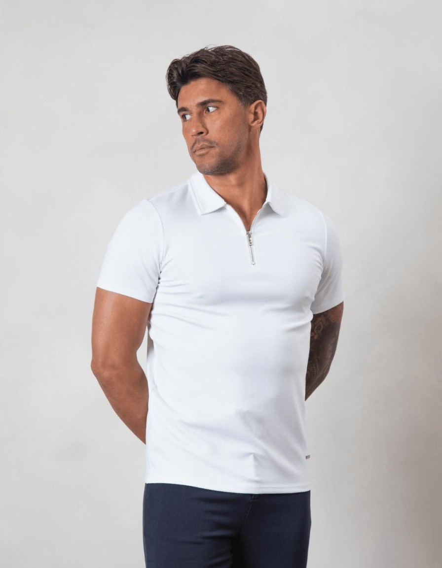 Men BELIER Twinsets | Premium Zip Polo White