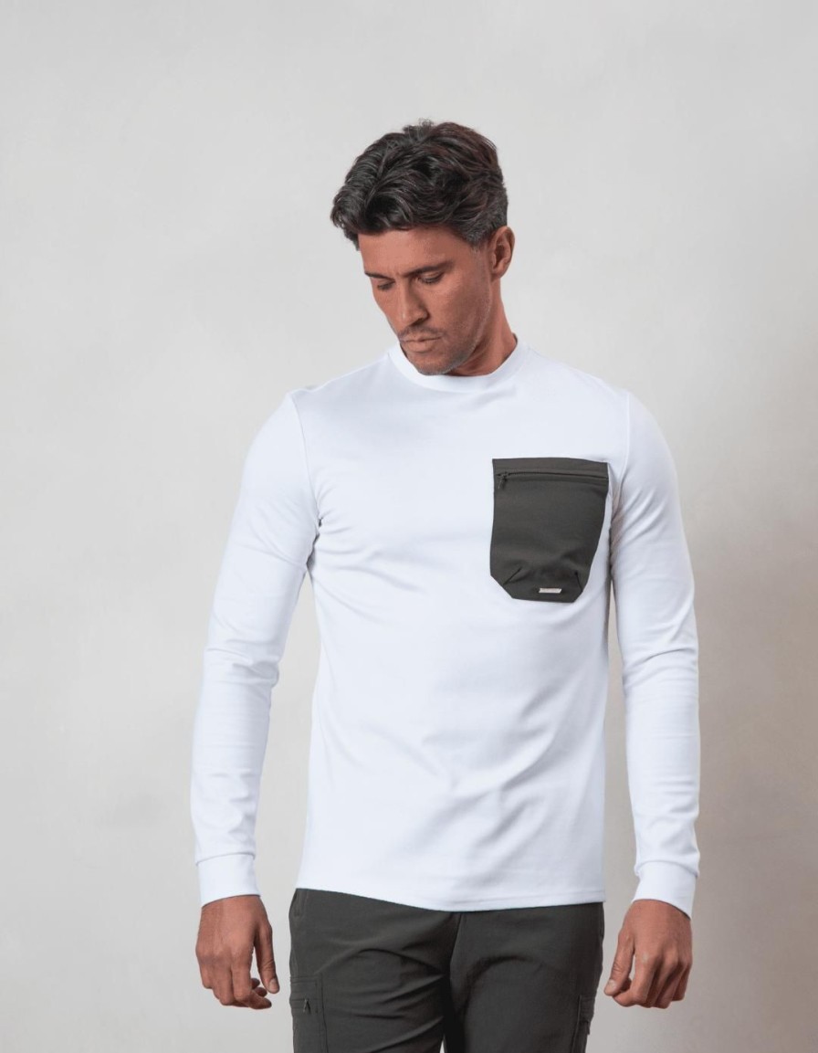 Men BELIER T-Shirts | L/S Tech Pocket T-Shirt White/Khaki